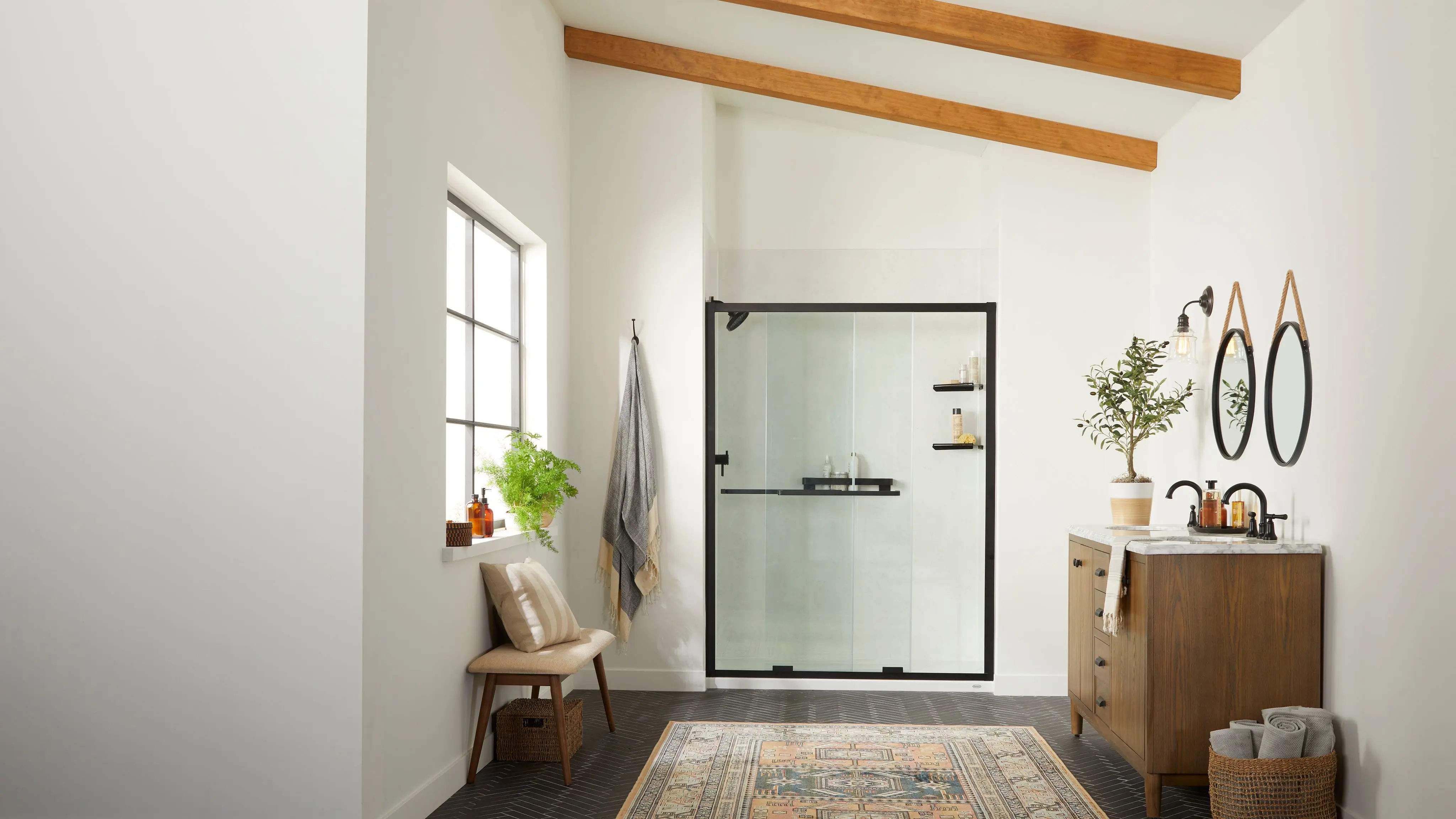 Contemporary walk-in shower with black hardware and quartz wall panels – Toronto GTA